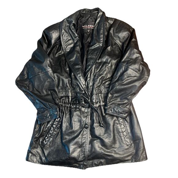90s Wilson Black Leather Coat Belted Leather Drawstring Jacket with Hood Large - Picture 1 of 6